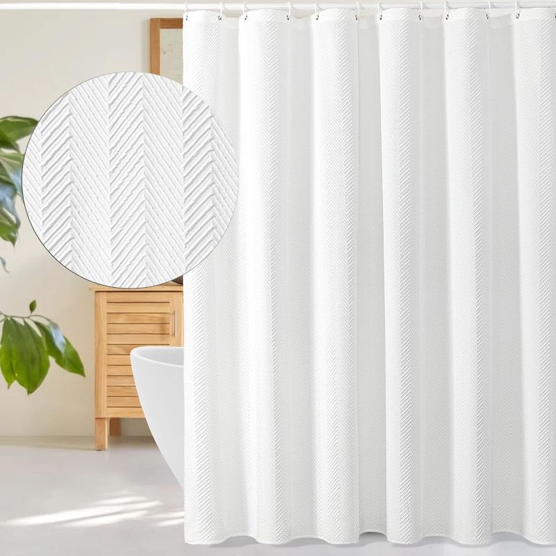 Photo 1 of Gibelle White Shower Curtain, 3D Embossed Textured Herringbone Fabric Modern Farmhouse Bathroom Decor Soft Cloth Curtain Set with Hooks, 72x72
