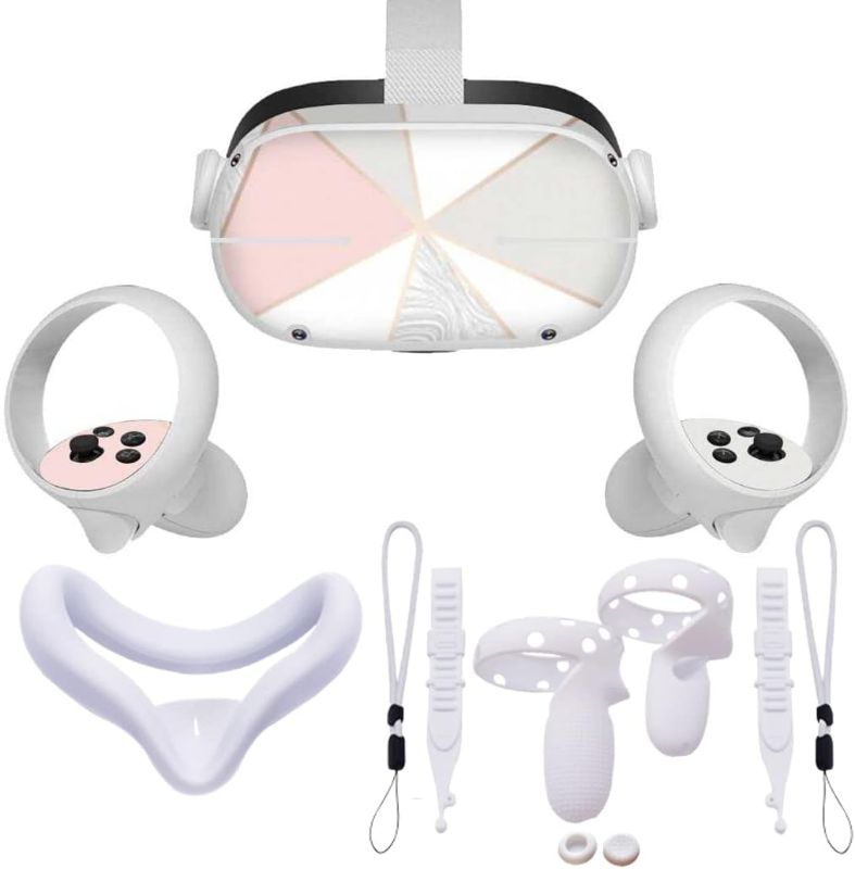 Photo 1 of Set 3-in-1 Compatible with Oculus Quest 2/Meta Accessories: Anti-Leakage Face Cover + Non-Slip Grip Covers + Stickers | Sweatproof Anti-Dirty Virtual Reality Decal Skin (White Pearl)

