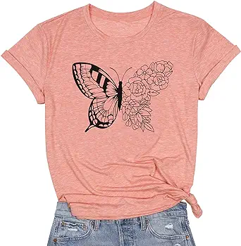 Photo 1 of Women Butterfly Graphic T Shirt Funny Vintage Tee Shirt Summer Casual Graphic Print Crewneck T-Shirts Tops
