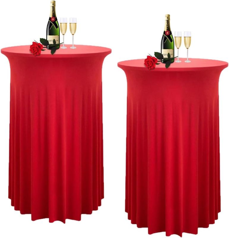 Photo 1 of 2 Packs Round Cocktail Table Skirt 32"x 43" Spandex Stretch Cocktail Tablecloths with Wavy Drapes Fitted High Top Bar Table Covers for Wedding Party Banquet (Red, 2 PCS)
