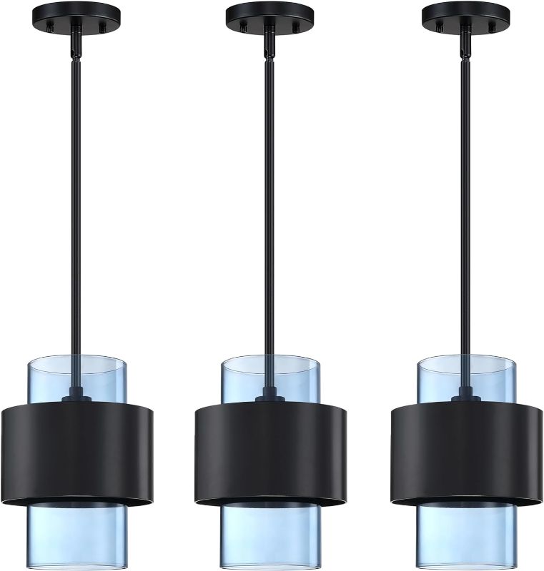 Photo 1 of 1 Light 3 Pack Hanging Indoor Kitchen Island Pendant Light 6" Drum Glass Shade Pendant Ceiling Light Rod Fixtures Modern Farmhouse Dinning Over Sink (Ancient Blue Glass)

