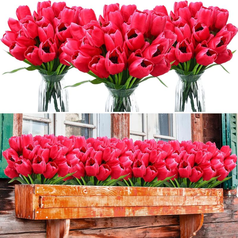 Photo 1 of 6 Bundles 9 Heads Artificial Tulips Flowers 54 Pcs Fake Silk Faux Tulips Flowers Bouquets Arrangements for Outdoor Wedding Garden Porch Party Table Home Vase Planter Decoration(Rose Red)
