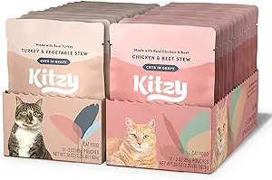 Photo 1 of Amazon Brand - Kitzy Wet Cat Food, Variety Pack (Turkey & Vegetable/Chicken & Beef ) Stew Cuts in Gravy, Grain Free, 3 ounce (Pack of 24) (BB 25JUN24)