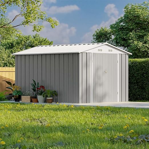 Photo 1 of Patiowell 8x10 FT Outdoor Storage Shed, Large Garden Tool Metal Shed with Sloping Roof and Double Lockable Door, Outdoor Shed for Backyard Garden Patio Lawn,Grey