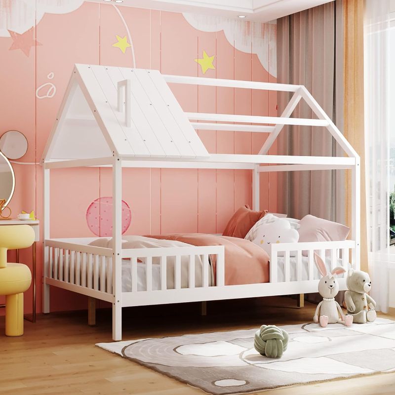 Photo 1 of House Bed with Fence,Wood House Bed with Roof and Chimney for Boys Girls Bedroom, No Box Spring Needed (White, Full)
