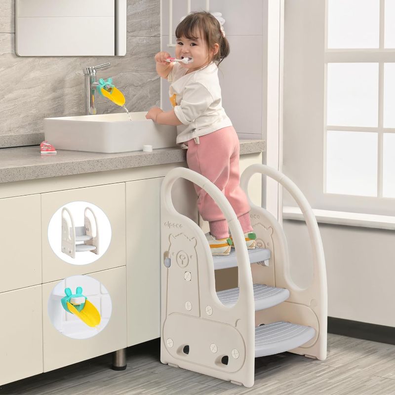 Photo 1 of Toddler 3 Step Stool Onasti Kids Standing Tower for Toddlers Plastic Learning Helper Stool for Kitchen Counter Bathroom Sink Toilet Potty Training with Handles and Non-Slip Pads-Grey White
