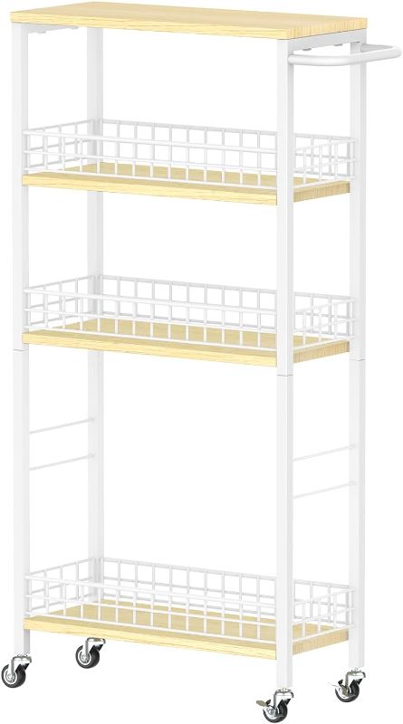 Photo 1 of Slim Storage Cart White Narrow Storage Cabinet 4 Tier Laundry Room Organization Mobile Bathroom Shelving Unit Organizer Rolling Utility Cart Slide Out Kitchen Cart Tower Rack for Narrow Places 7.08’’W

