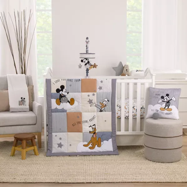 Photo 1 of Disney Mickey Mouse Love Mickey Gray, Navy, and Tan Donald Duck and Pluto, Clouds and Stars 3 Piece Nursery Crib Bedding Set
