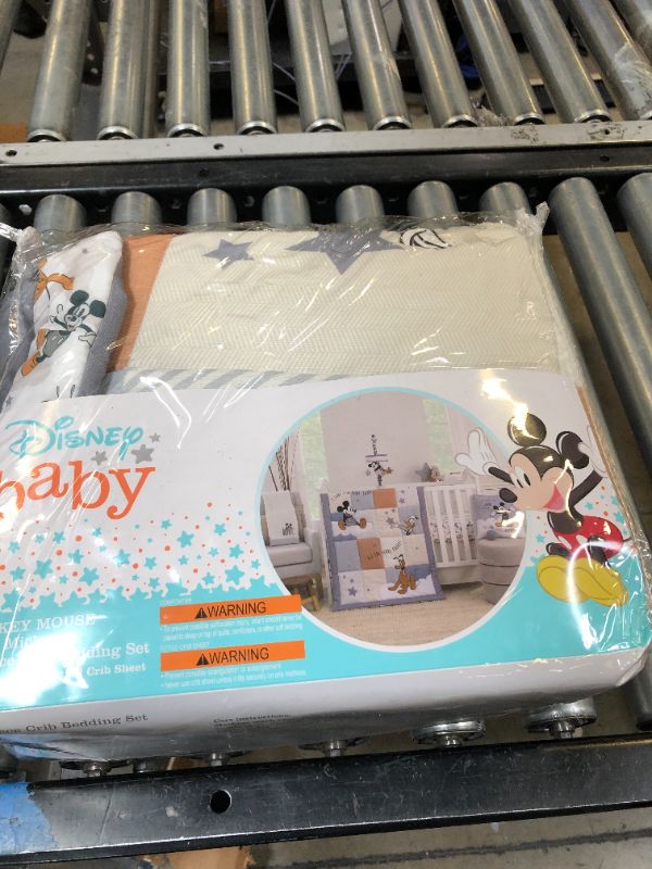 Photo 2 of Disney Mickey Mouse Love Mickey Gray, Navy, and Tan Donald Duck and Pluto, Clouds and Stars 3 Piece Nursery Crib Bedding Set
