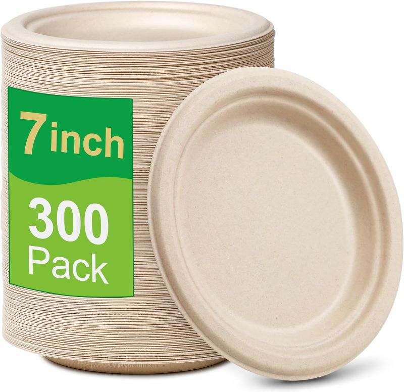 Photo 1 of 300 Pack Paper Plates Bulk, 7 inch Small Paper Plates, 100% Compostable Paper Plates Eco Friendly Disposable Plates, Recycled Paper Plates, Paper Dessert Plates for Birthday Party