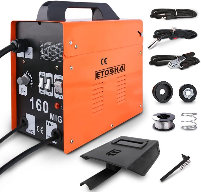 Photo 1 of MIG Welder 160A Portable Welding Machine, Flux Core Wire Gasless Automatic Wire Feeding Welders, 110V AC Wire Feed Welder with Welding Gun, Grounding Clamp, Input Power Adapter Cable and Brush

