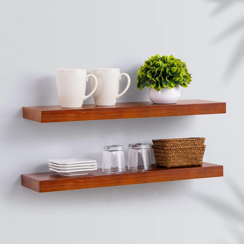 Photo 1 of Rustic Farmhouse Floating Shelves - Bathroom Wooden Shelves for Wall Mounted - Thick Industrial Kitchen Wood Shelf - 24 x 6.7 x 1.4 inch - Set of 2 - Honey Oak Color
