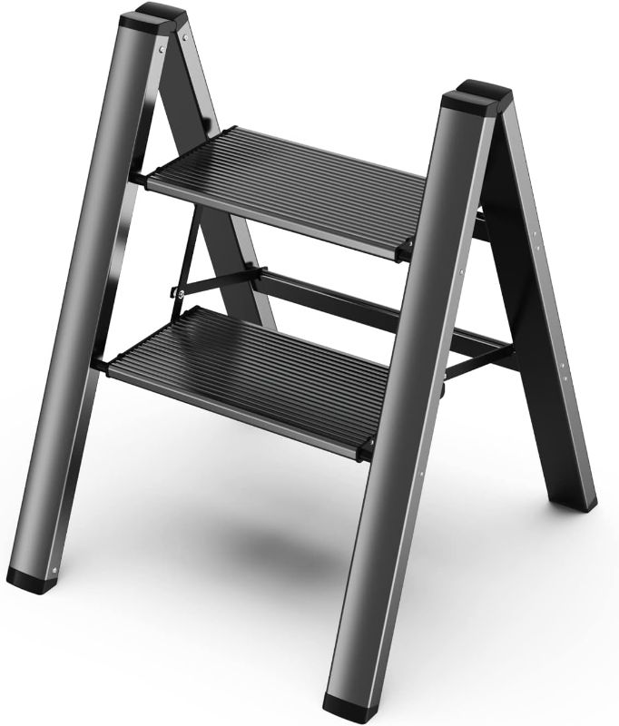 Photo 1 of GameGem 2 Step Ladder, Aluminum Folding 2 Step Stool with Anti-Slip Sturdy and Wide Pedal, Lightweight Portable Stepladder for Home and Kitchen Use Space Saving, Black, 330 lbs Black 2 STEP