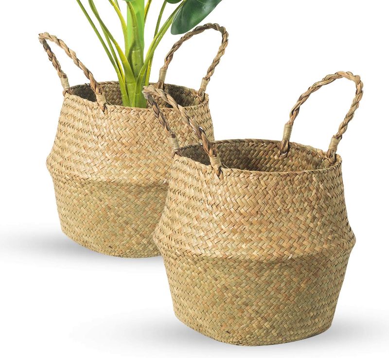 Photo 1 of Seagrass Belly Basket, Set of 2 Woven Plant Pot Holder handmade Home Decor for Storage Plants Picnic Grocery Medium(10.63 x 9.44 inch)
