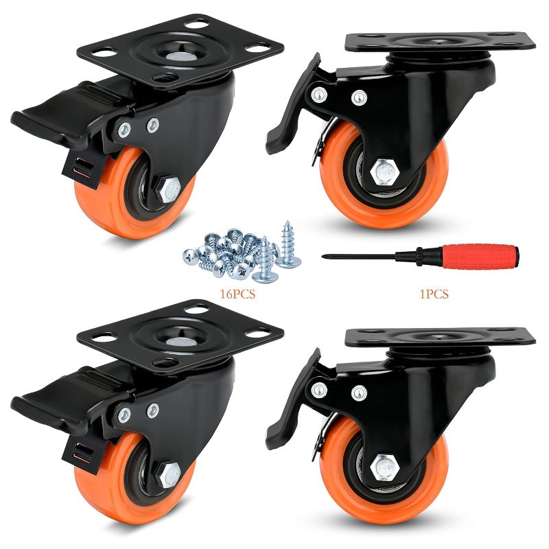 Photo 1 of 2" Caster Wheels Load 600 Lbs, Orange Polyurethane Castors, Top Plate Swivel Wheels, Casters Set of 4, Locking Casters for Furniture and Workbench, Heavy Duty Casters, 4 Pack Casters with Brake
