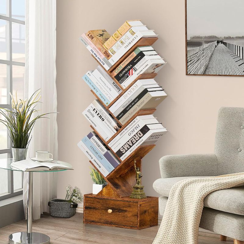 Photo 1 of 8 Tier Tree Bookshelf with Drawer, Free Standing Wood Bookcase for Narrow Space, Storage Organizer Bookshelves for Books, Book Case for Home Office, Living Room, Bedroom, Rustic Brown

