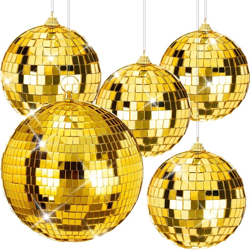 Photo 1 of Deekin 5 Pieces Disco Ball Mirror Ball Disco Party Decorations with Hanging Ring for DJ Club Stage Wedding Holiday(Gold, 8 Inch, 4 Inch)
