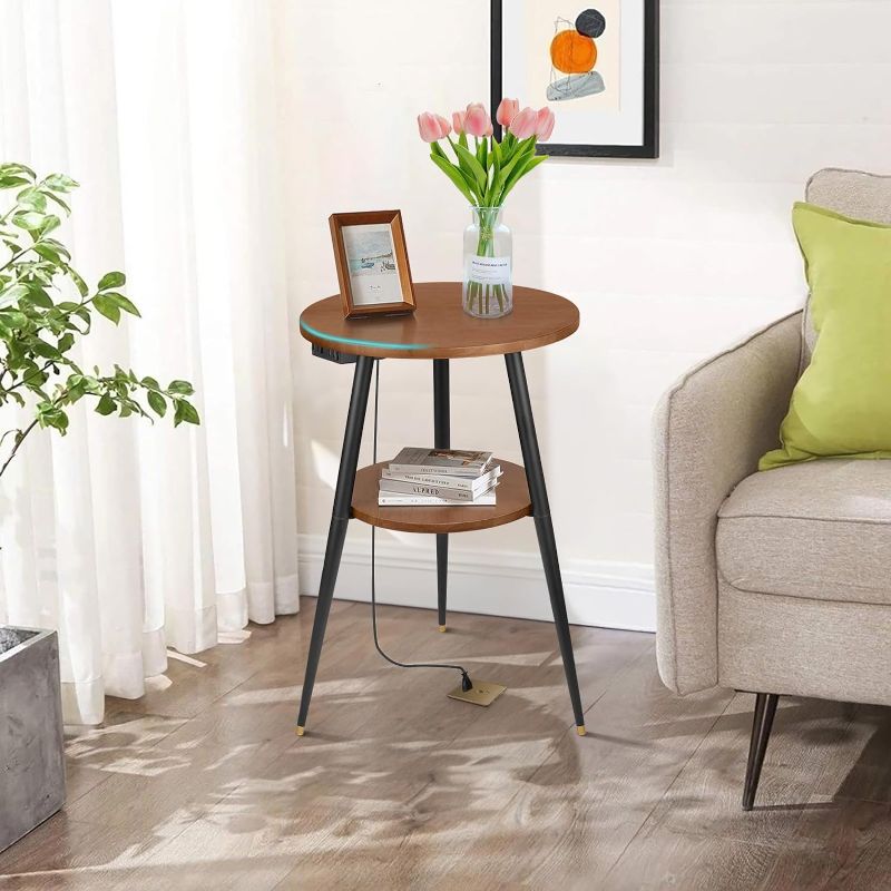Photo 1 of kinnary end Table with Charging Station, 2 Tier Walnut Wood Small Round Side with Storage for Small Spaces, Round nightstand Small Accent Table for Living Room Sofa Tall Side Tables Bedroom
