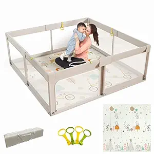 Photo 1 of Mloong Baby Playpen with Mat, 59x59 Inches Extra Large Playpen for Babies and Toddlers, Indoor & Outdoor Activity Center, Safety Baby Fence with Gate 59*59inch Gray with mat