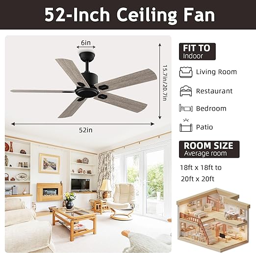 Photo 1 of CLUGOJ 52" Ceiling Fan with Lights Remote Control, Outdoor Wood Ceiling Fan, Reversible Silent DC Motor and Matte Black 52-Inch grey blades Black body