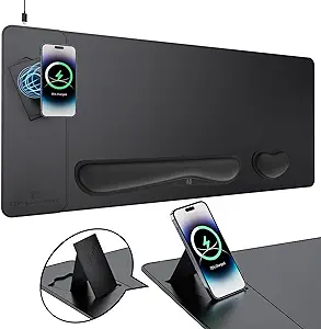 Photo 1 of 15W Fast Wireless Charging Foldable&Adjustable Stand Facing Design Phone Charger,35.4*15.7 in Gaming Mouse Pad with Wrist Rest,PU Leather Base Computer Keyboard Pad with Wrist Support(Black, XX-Large)
