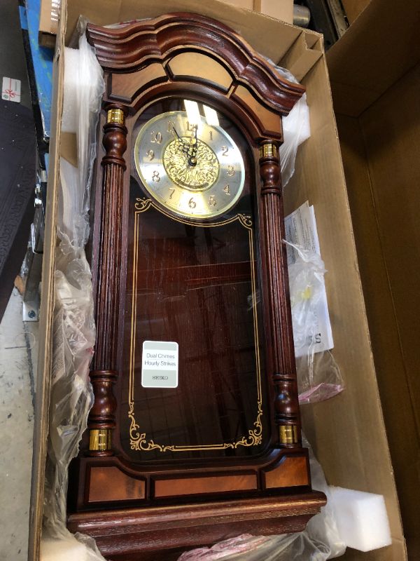 Photo 3 of SEIKO Stately Dark Brown Solid Oak Case Wall Clock with Pendulum and Chime