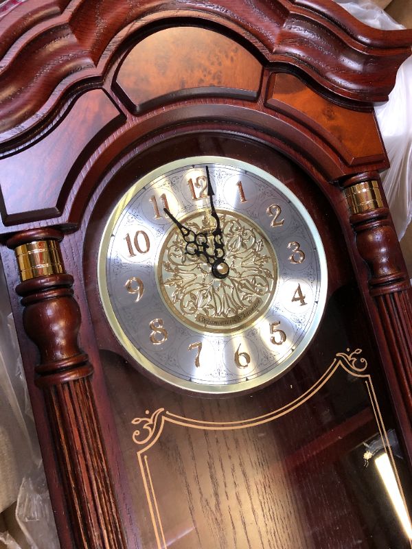Photo 2 of SEIKO Stately Dark Brown Solid Oak Case Wall Clock with Pendulum and Chime