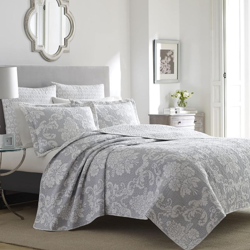 Photo 1 of Laura Ashley Quilt Set Cotton Reversible Bedding with Matching Shams, Lightweight Home Decor Ideal for All Seasons, King, Venetia Grey
