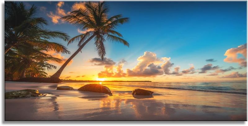 Photo 1 of Aibonnly Wall Art Canvas Painting Sunset on a Tropical Beach with Palm Trees 1 Piece Blue Sky Ocean Seaview Picture Poster Print Framed and Stretched Ready to Hang for Living Room Bedroom Office
