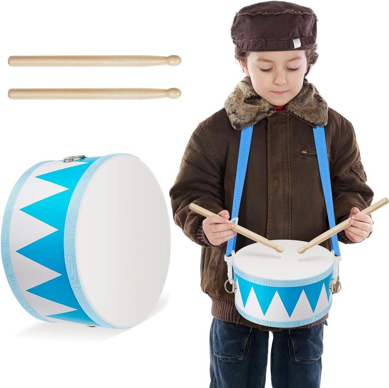Photo 1 of Kids Drum Set 7.87 in Wooden Toy Drum with Adjustable Strap 2 Drumsticks Educational Sensory Musical Instrument Drum Set for Toddlers Kids Baby Toy Gift (Blue Triangle Style)
