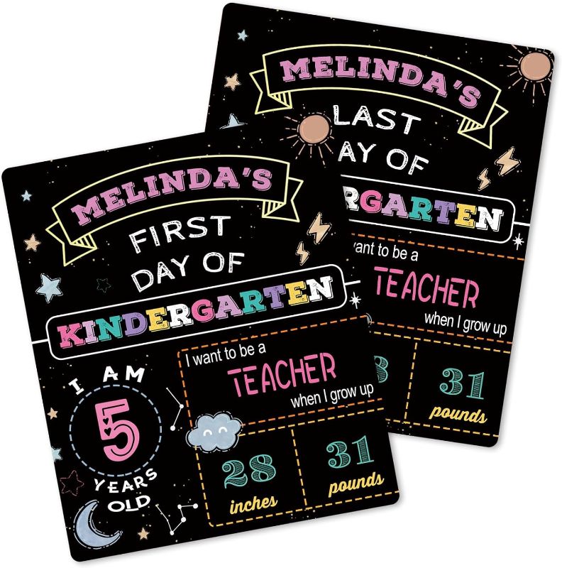 Photo 1 of First and Last Day of School Chalkboard Photo Prop, 10" x 12" Double Sided Reusable Kindergarten Preschool Wooden Sign, Back to School Classroom Decor(Astronomy)
