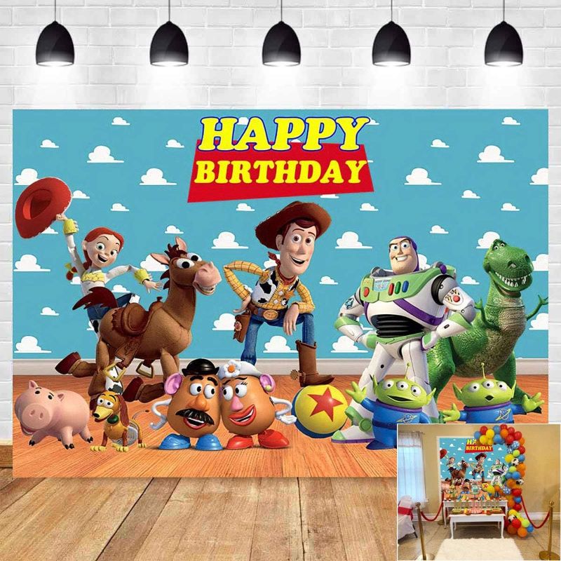 Photo 1 of 7x5ft Cartoon Toy Inspired Story Birthday Backdrop Blue Sky White Clouds Boy Birthday Banner Kids Party Cake Table Decorations Background Photo Booth Prop