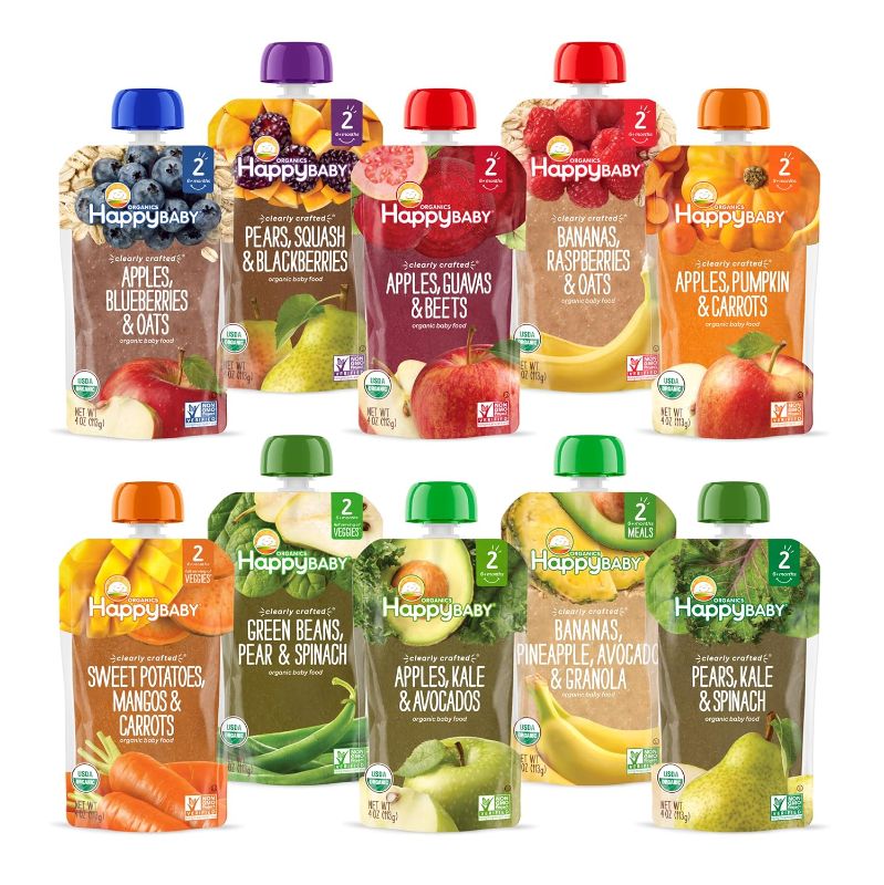 Photo 1 of Happy Baby Organics Stage 2 Baby Food Pouches, Gluten Free, Vegan & Healthy Snack, Clearly Crafted Fruit & Veggie Puree, Fruit & Veggie Variety Pack, 4 Ounces (Pack of 10) (BB 02JUN2024)
