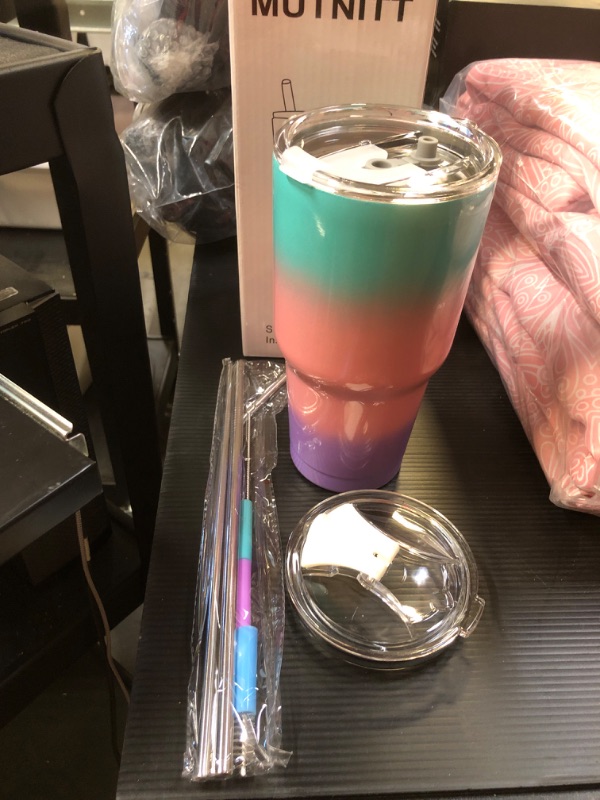 Photo 2 of 30 oz Tumbler with Lids and Straws,18/8 Stainless Steel Vacuum Insulated Coffee Tumbler,Insulated Travel Mug Water Cup with Leak-Proof Straw Lid & Flip Lid,3 Metal Straws,1 Cleaning Brush & Gift Box C-Glittery Rainbow-Green Pink Purple