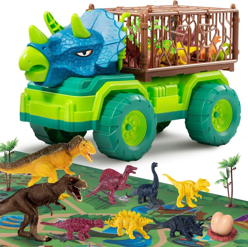 Photo 1 of ++sealed++ TEMI Dinosaur Truck Toy for Kids 3-5 Years, Triceratops Transport Car Carrier Truck with 8 Dino Figures, Activity Play Mat, Dino Eggs and Trees, Capture Jurassic Dinosaur Play Set for Boy and Girl
