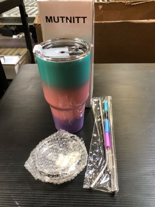 Photo 2 of 30 oz Tumbler with Lids and Straws,18/8 Stainless Steel Vacuum Insulated Coffee Tumbler,Insulated Travel Mug Water Cup with Leak-Proof Straw Lid & Flip Lid,3 Metal Straws,1 Cleaning Brush & Gift Box C-Glittery Rainbow-Green Pink Purple