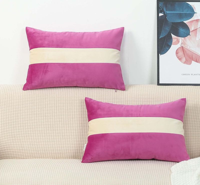 Photo 1 of TangDepot Hevey Velvet Decorative Throw Pillow Cover Cushion Cover, Cream White Striped, Super Soft, Indoor/Outdoor, Lumbar Pillow Shell, Pillowcase - (12x18 Inch, Azalea)
