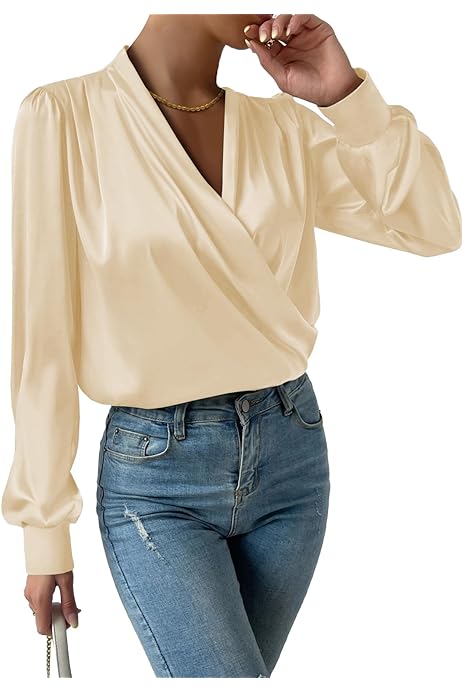 Photo 1 of Umenlele Women’s Stain Long Sleeve Blouse Keyhole Twist Neck Long Sleeve Silky Work Office Shirt Top Small BEIGE 