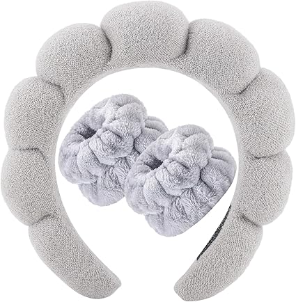 Photo 1 of  Spa Headband for Washing Face Wristband Set Sponge Makeup Skincare Terry Cloth Headband Bubble Soft Get Ready Hairband for Women Girl Puffy Padded Headwear Non Slip Hair Accessory(Ligh