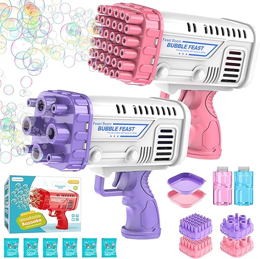 Photo 1 of 2-Pack Mini Bubble Machine Gun, 36 Holes Bubble Bazooka Gun Toy Blaster for Toddlers 3+ & Kids, Bazooka Bubble Gun with Bubble Solution for Outdoor, Party, Birthday, Wedding (Pink & Purple)