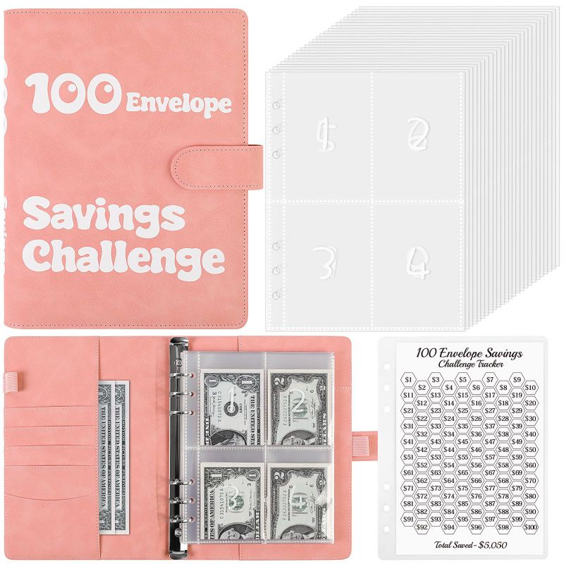 Photo 2 of 100 Envelopes Money Saving Challenge Binder, A5 Savings Challenges Book with Cash Envelopes, Savings Budget Binder for Budgeting and Saving $5050, Pink Light Pink