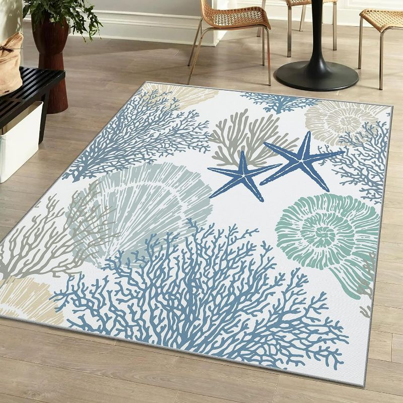 Photo 1 of Tritard Coastal Area Rugs Nautical Beach Themed Non-Slip Machine Washable Rugs Modern Floor Carpet for Living Room Bedroom, 8x10, Blue
