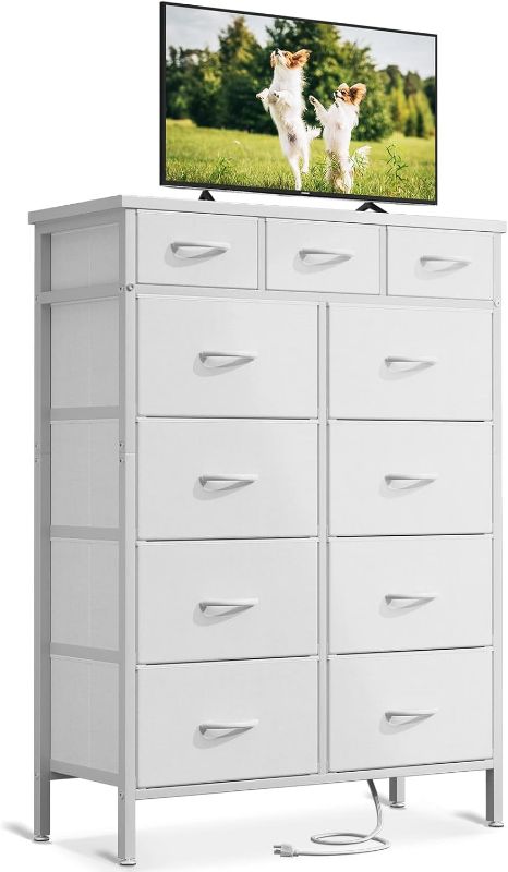 Photo 1 of AODK Dresser with Charging Station, 52 Inches Tall Dresser for Bedroom with 11 Storage Drawers, Large Fabric Dressers for Living Room, Hallway, White
