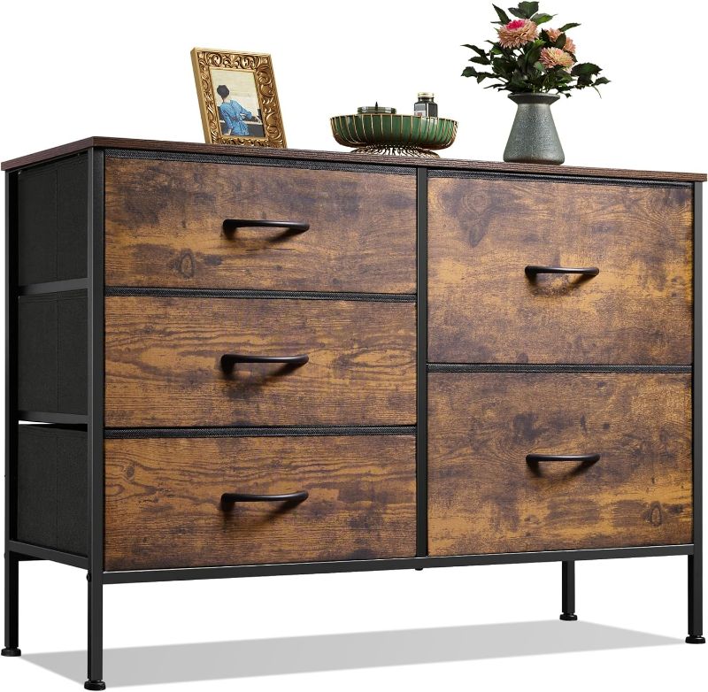 Photo 1 of WLIVE Dresser for Bedroom with 5 Drawers, Wide Bedroom Dresser with Drawer Organizers, Chest of Drawers, Fabric Dresser for Living Room, Closet, Hallway, Rustic Brown Wood Grain Print
