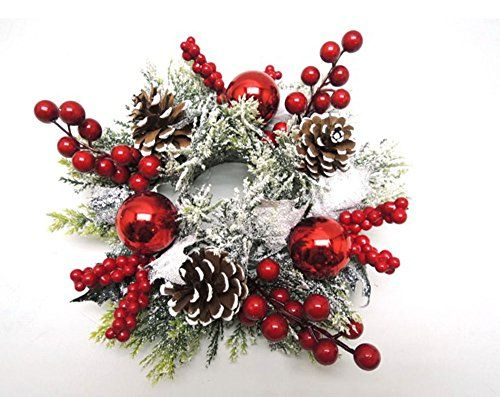 Photo 1 of 12 Inch Christmas Candle Ring for 3 Inch Pillar Candle with Berries, Ornaments and Pinecones
