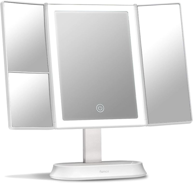 Photo 1 of Fancii Makeup Mirror with Natural LED Lights, Lighted Trifold Vanity Mirror with 5X & 7X Magnifications - 40 Dimmable Lights, Touch Screen, Cosmetic Stand - Sora (White)