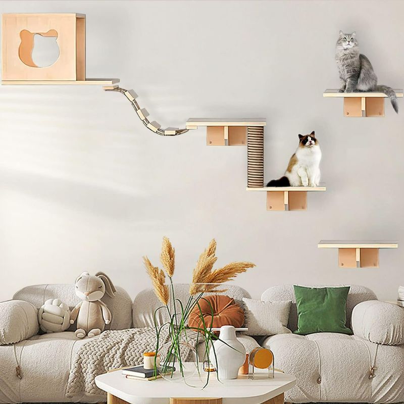 Photo 1 of Cat Wall Shelves, Shelves and Perches for Wall, Furniture Set 7 PCS Mounted with 1 Condos House, 4 Sisal Scratching Post, Ladder