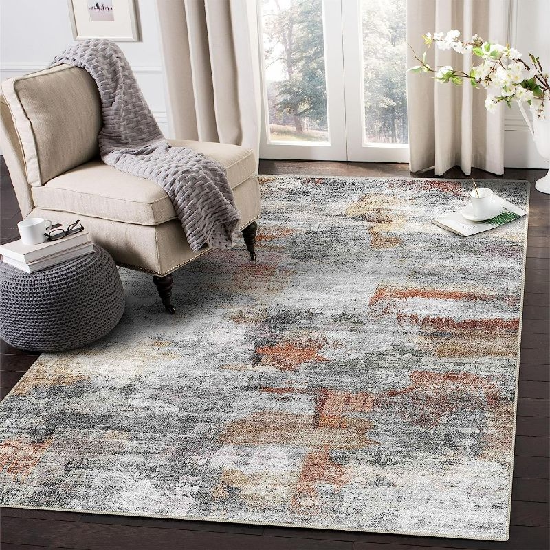 Photo 1 of (Gray/Rust, 8'x10') Washable Rug, Ultra Soft Area Rug 8x10, Non Slip Abstract Rug Foldable, Stain Resistant Rugs for Living Room Bedroom, Modern Fuzzy Rug 