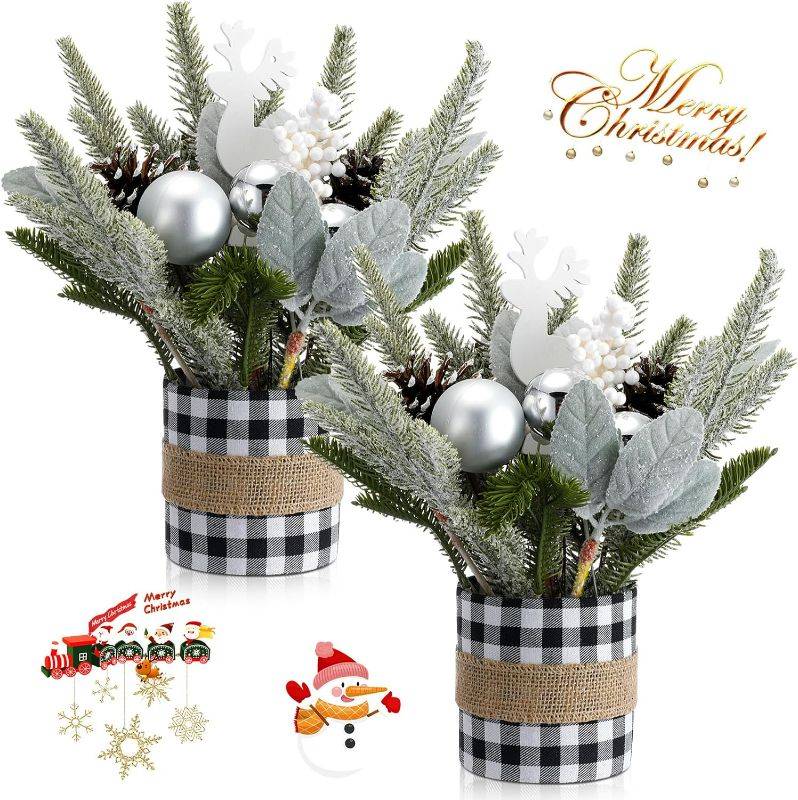 Photo 1 of 2 Pcs Small Buffalo Check Plaid Christmas Tree Mini Tabletop Artificial Christmas Tree Decorations with Xmas Ornaments Miniature Christmas Centerpiece for Winter Home(Black and White)