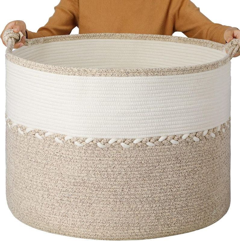 Photo 1 of 24"x24"x18" Large Rope Blanket Basket, Woven Storage Basket Baby Laundry Basket Hamper Decorative Nursery Toy Basket Bin with Handles for Living Room Bedroom-White & Brown